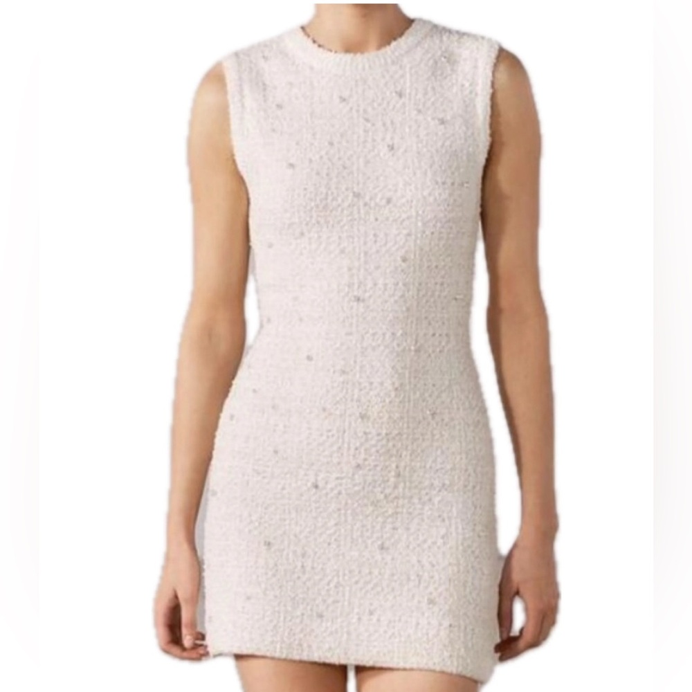 Zara Pearl Trim Cream Textured Mini Dress | Sz S | Brand New WT